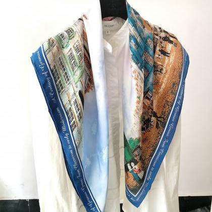 100% Mulberry Silk Square Scarf Printed Vintage..