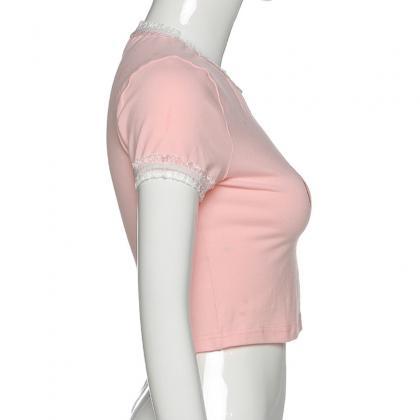 Sexy Summer Short Sleeve Round Neck Pink Crop Top..