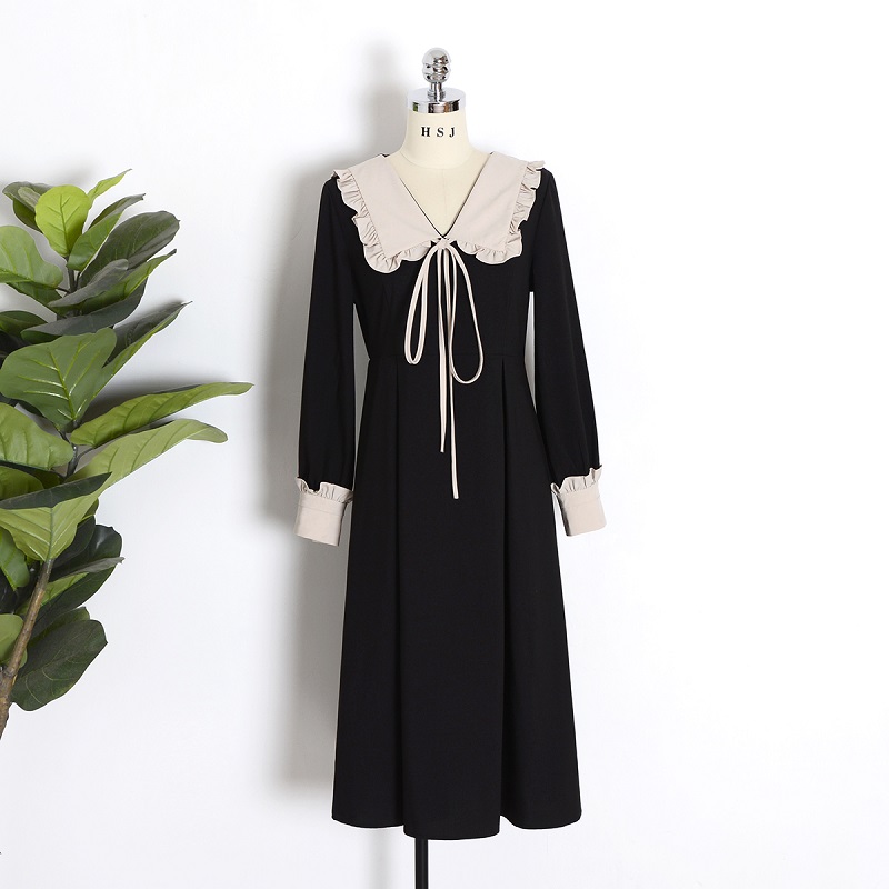 Women Vintage Retro Collared Long Sleeve Solid Maxi Dress
