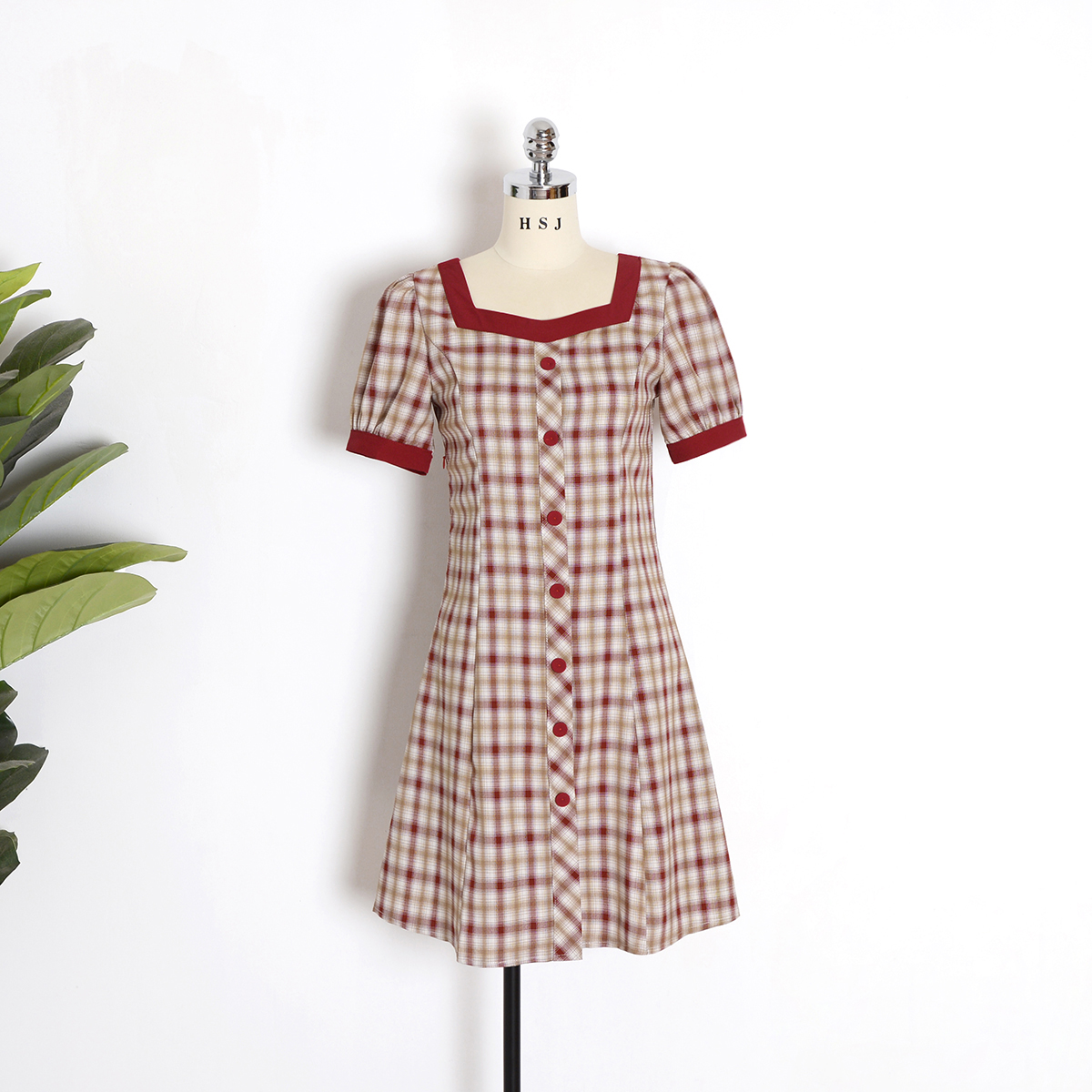 Summer Square Collar Puff Sleeve Button Front Plaid Vintage Dress