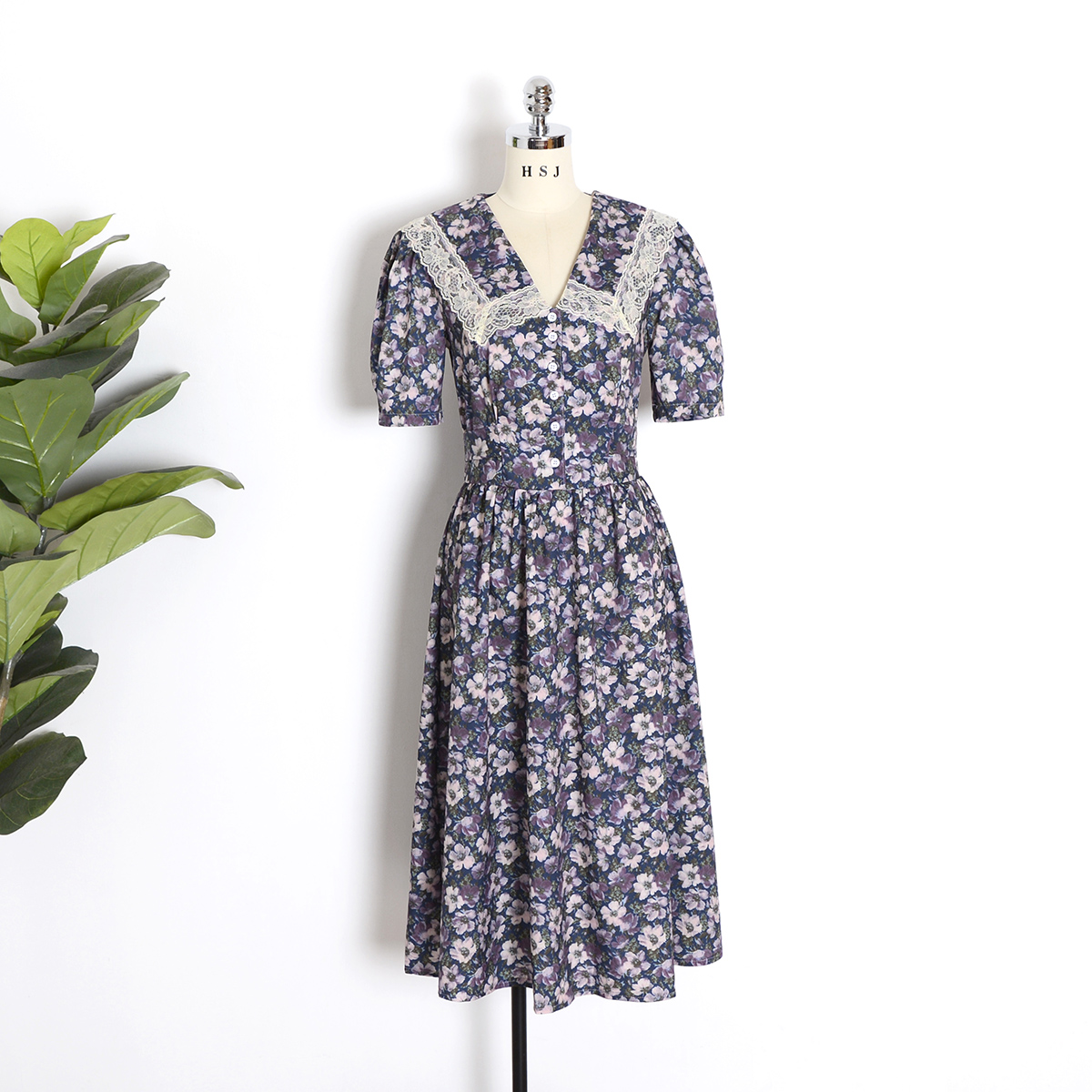 Women Summer Turn-down Collar Button Front Floral Print Dress