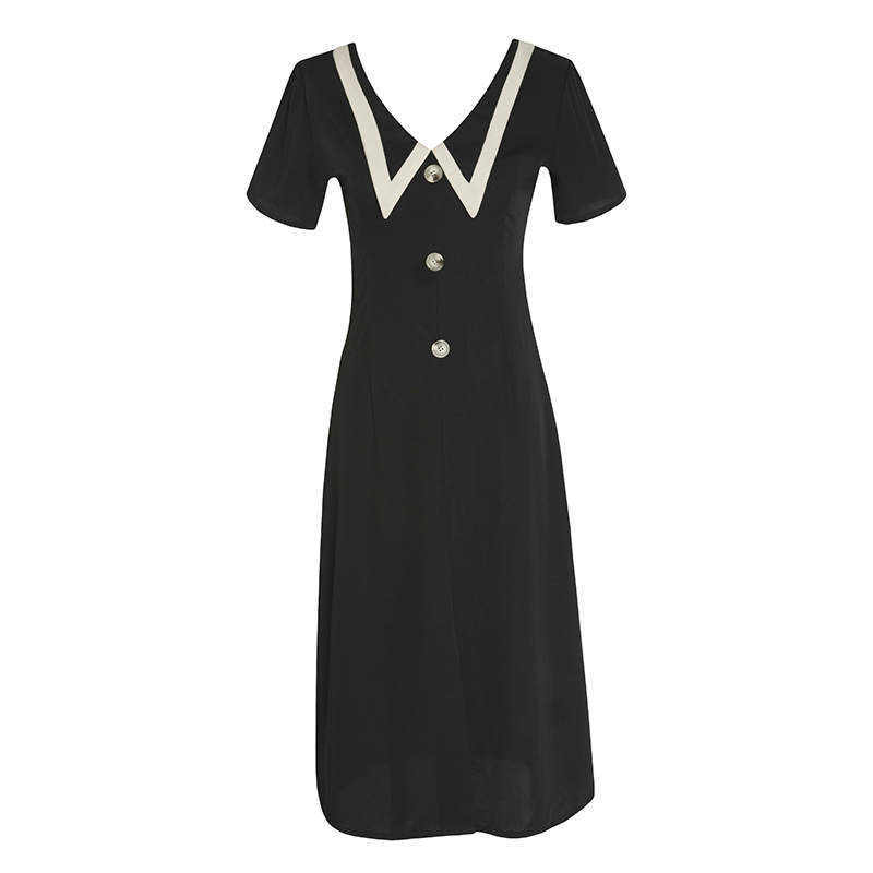 Hepburn Style Vintage Turn-down Summer Short Sleeve A-line Little Black Dress