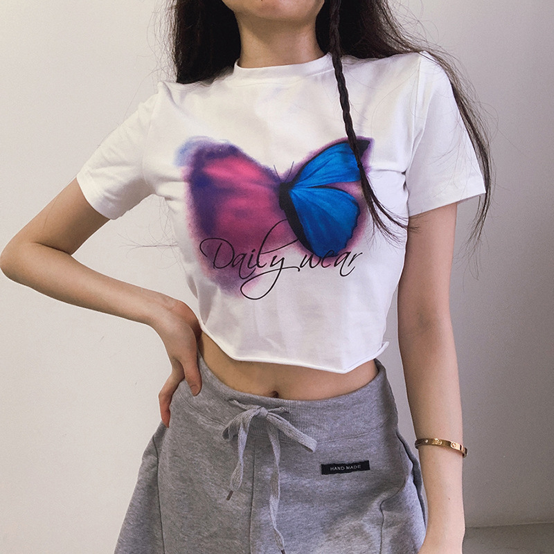 Summer Butterfly Short Sleeve Round Neck Crop Top T-shirts