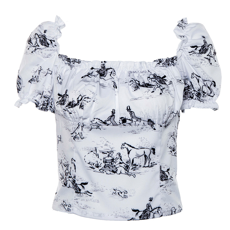 Summer Square Neck Puff Sleeve Printed Crop Top T-shirts