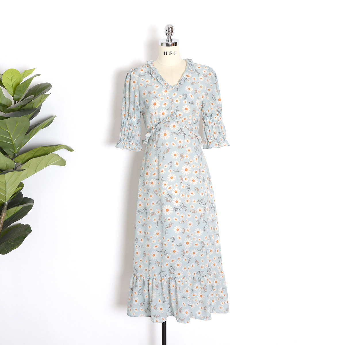 Summer Casual V-neck Floral Print Half Sleeve A-line Maxi Dress