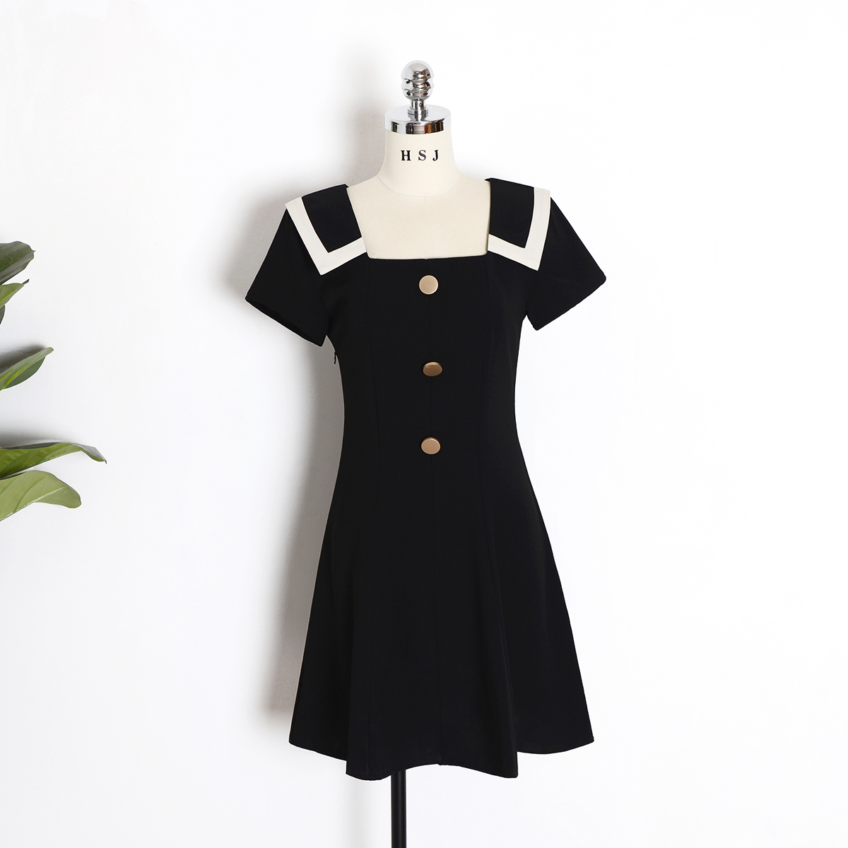 Hepburn Style Vintage Square Collar Summer Short Sleeve A-line Little Black Dress