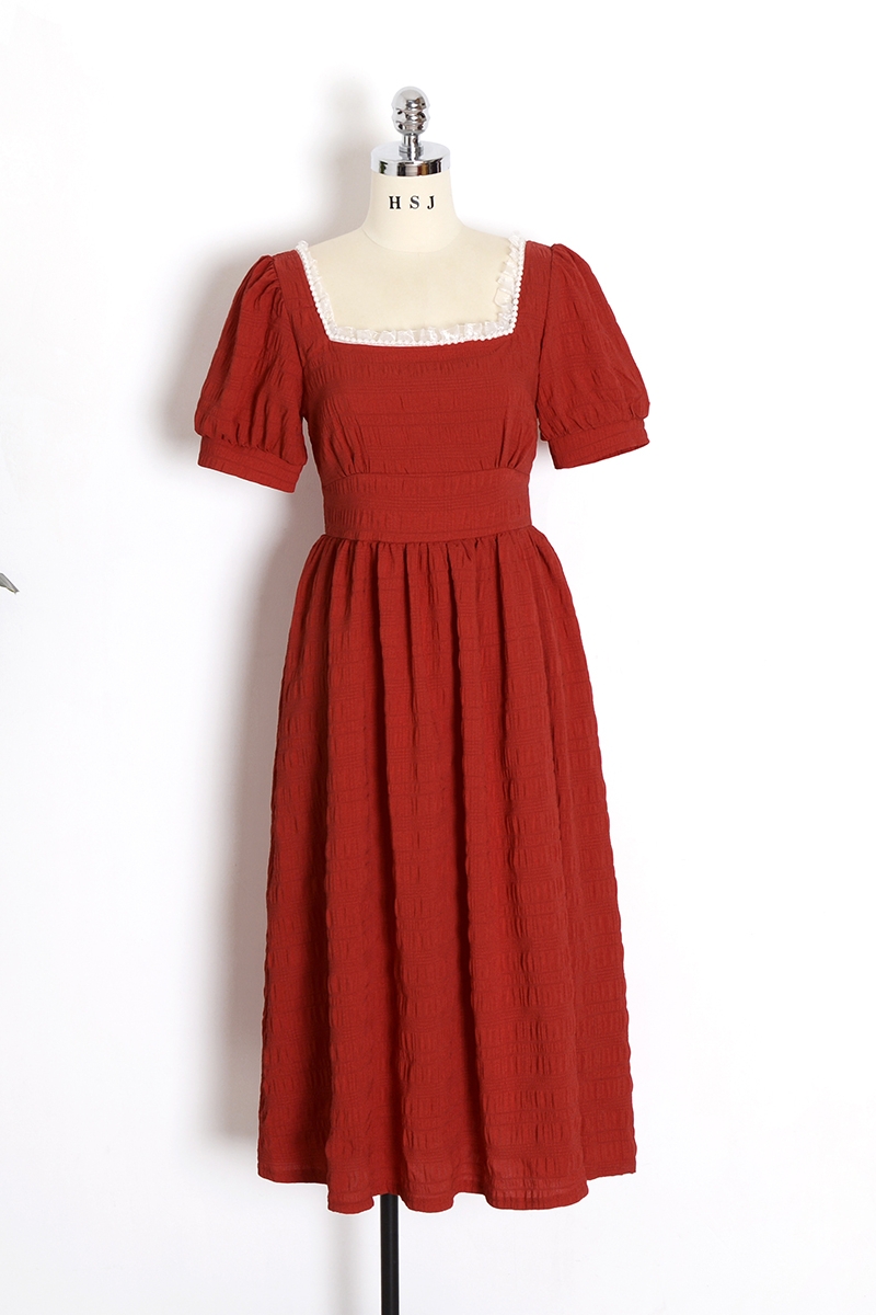 Vintage Square Collar Summer Short Sleeve A-line Dress Red