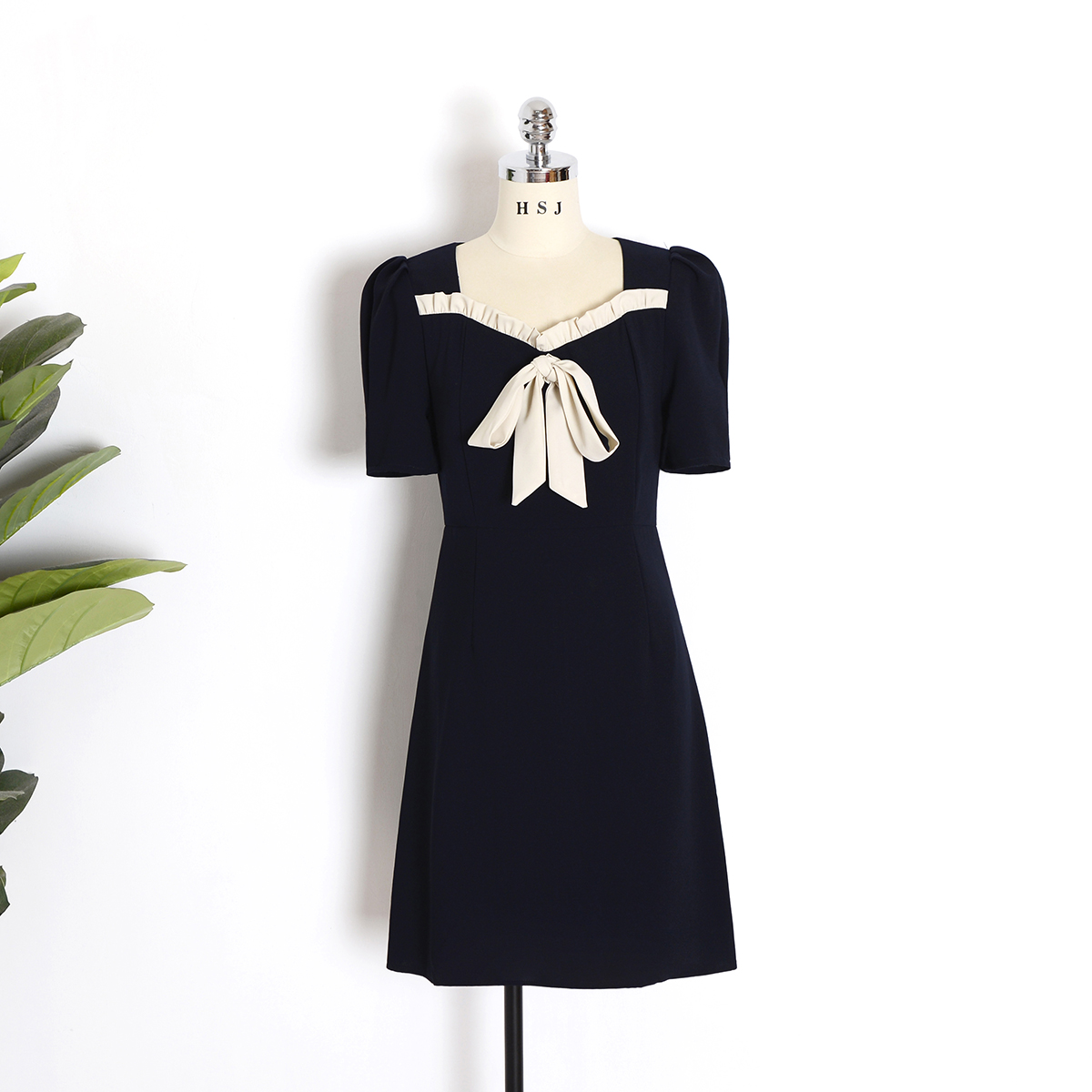 Hepburn Style Vintage Square Collar Short Sleeve A-line Little Black Dress