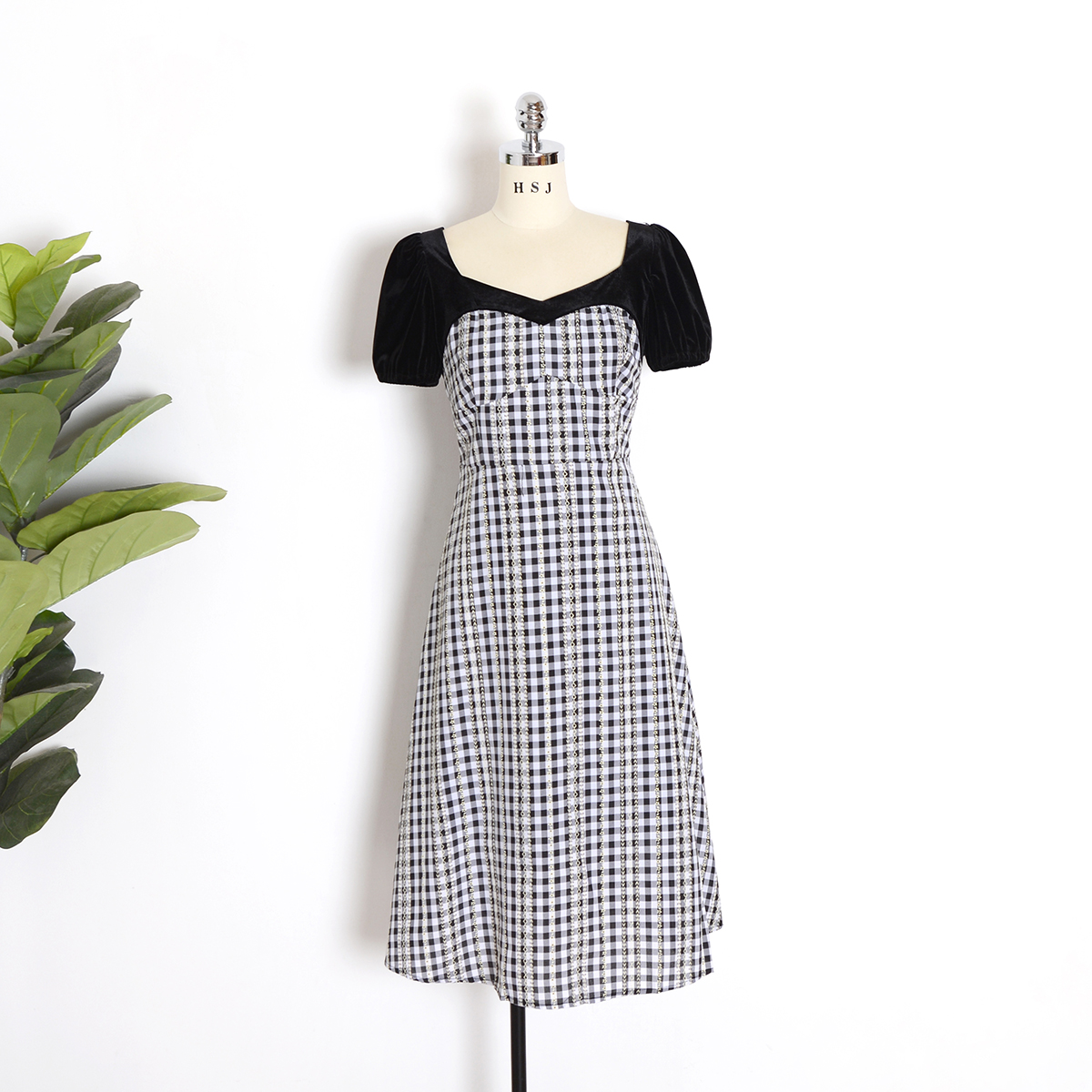 Summer Velvet Patchwork Short Sleeve Vintage Plaid Dress
